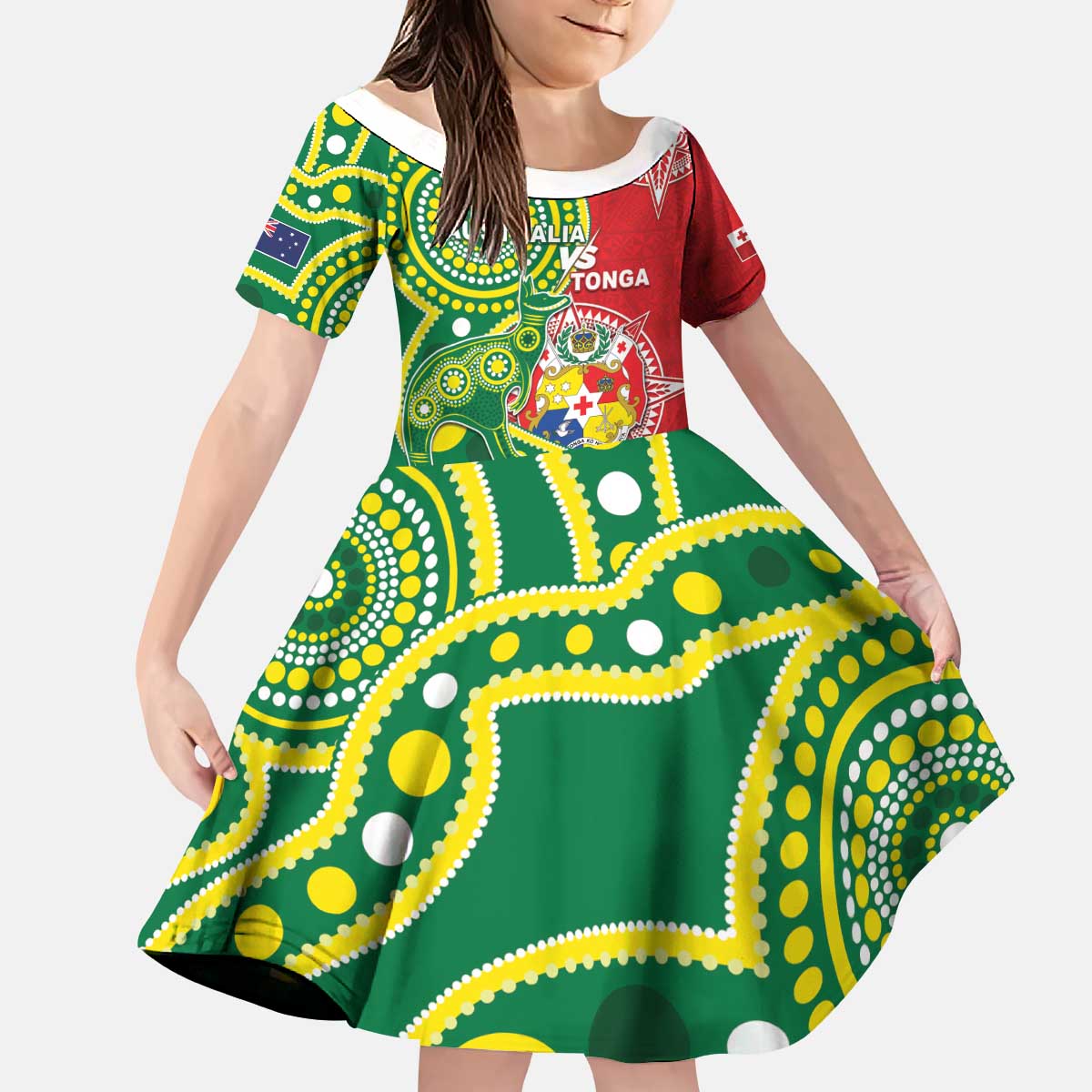 Custom Tonga Australia Rugby Kid Short Sleeve Dress Kangaroos And Tonga Mate Maa Together LT05 KID Green - Polynesian Pride