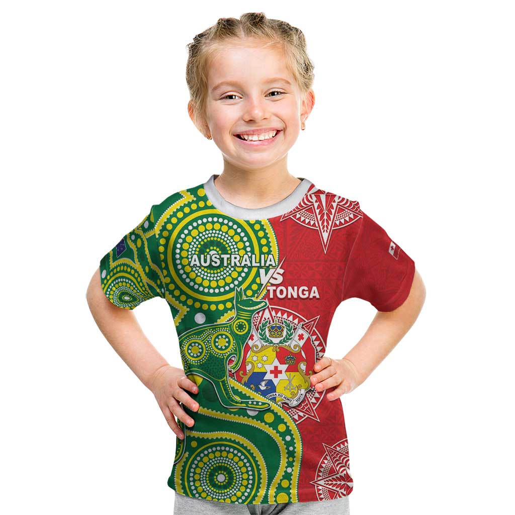 Custom Tonga Australia Rugby Kid T Shirt Kangaroos And Tonga Mate Maa Together LT05 Green - Polynesian Pride