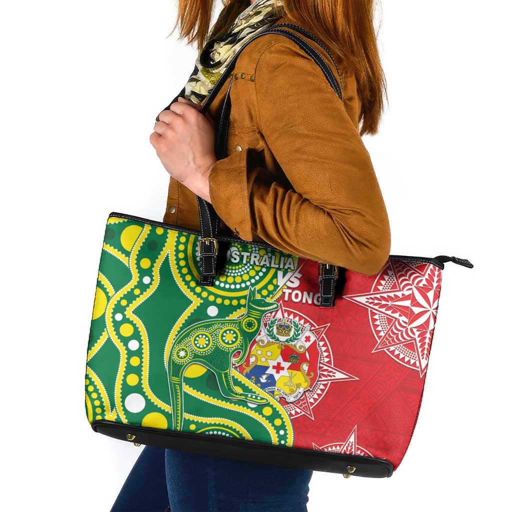 Tonga Australia Rugby Leather Tote Bag Kangaroos And Tonga Mate Maa Together LT05 Green - Polynesian Pride