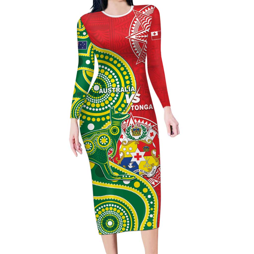 Custom Tonga Australia Rugby Long Sleeve Bodycon Dress Kangaroos And Tonga Mate Maa Together LT05 Long Dress Green - Polynesian Pride