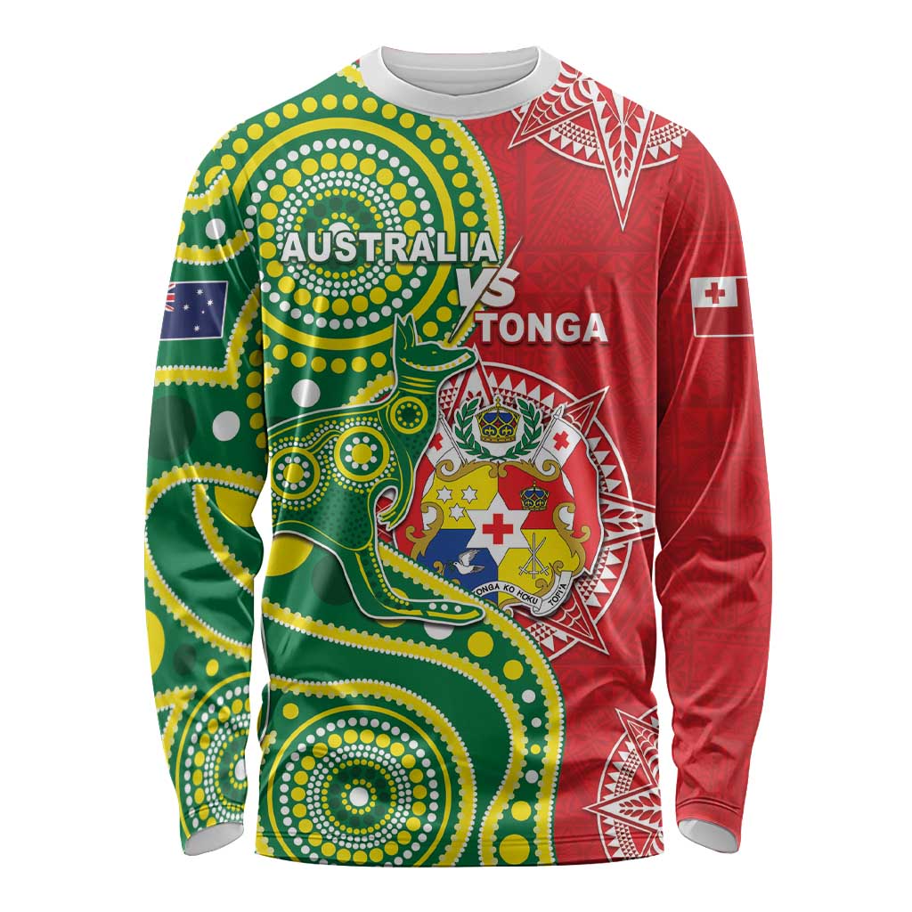 Custom Tonga Australia Rugby Long Sleeve Shirt Kangaroos And Tonga Mate Maa Together LT05 Unisex Green - Polynesian Pride