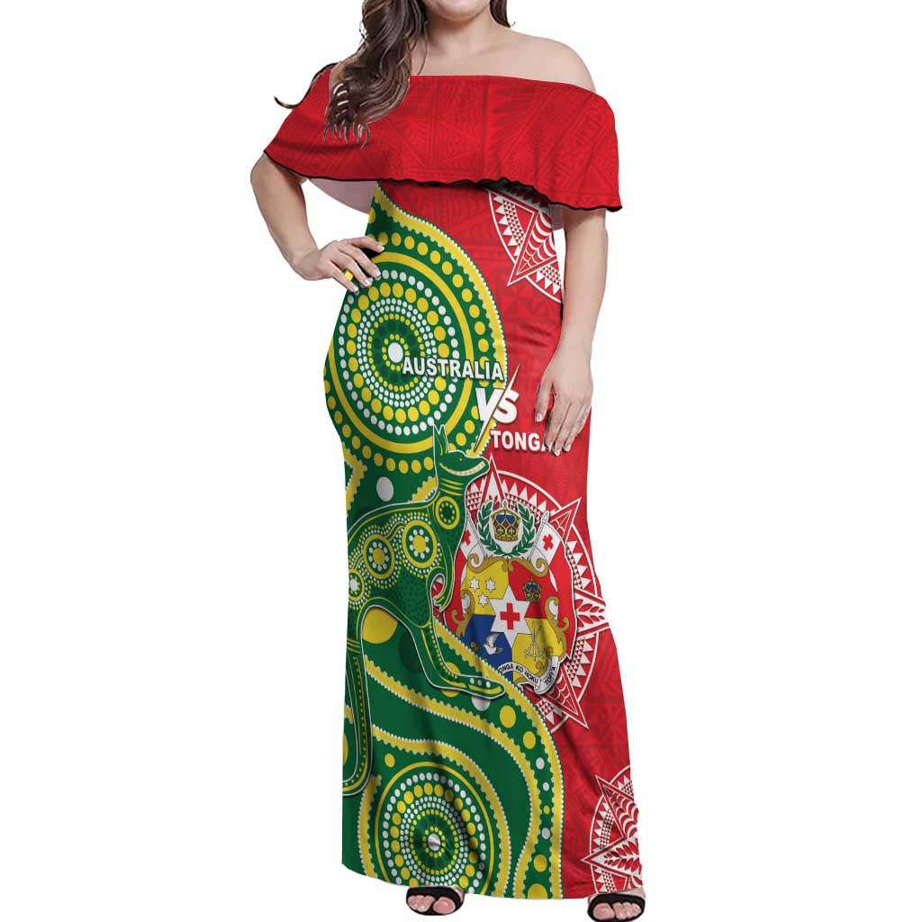 Custom Tonga Australia Rugby Off Shoulder Maxi Dress Kangaroos And Tonga Mate Maa Together LT05 Women Green - Polynesian Pride