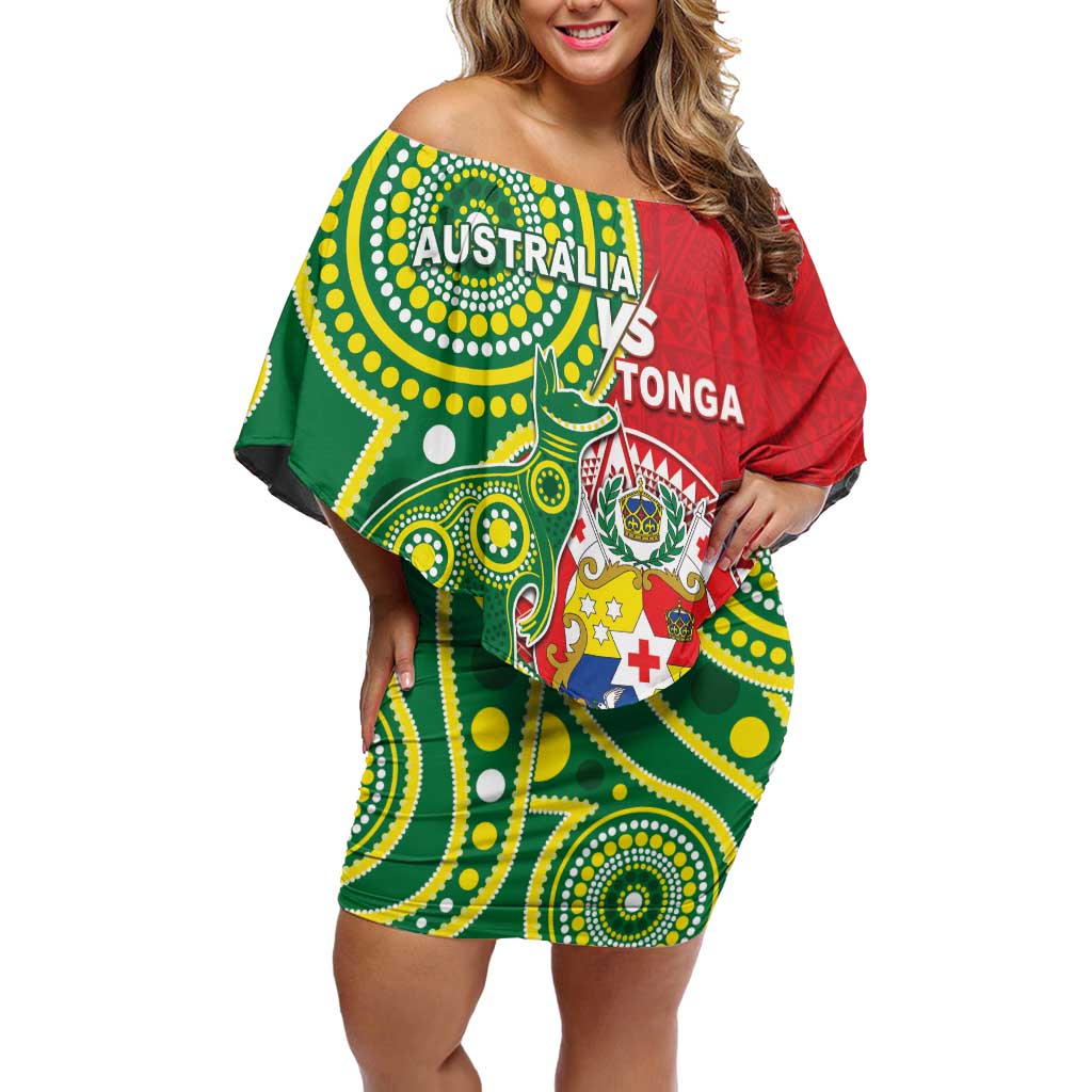 Custom Tonga Australia Rugby Off Shoulder Short Dress Kangaroos And Tonga Mate Maa Together LT05 Women Green - Polynesian Pride
