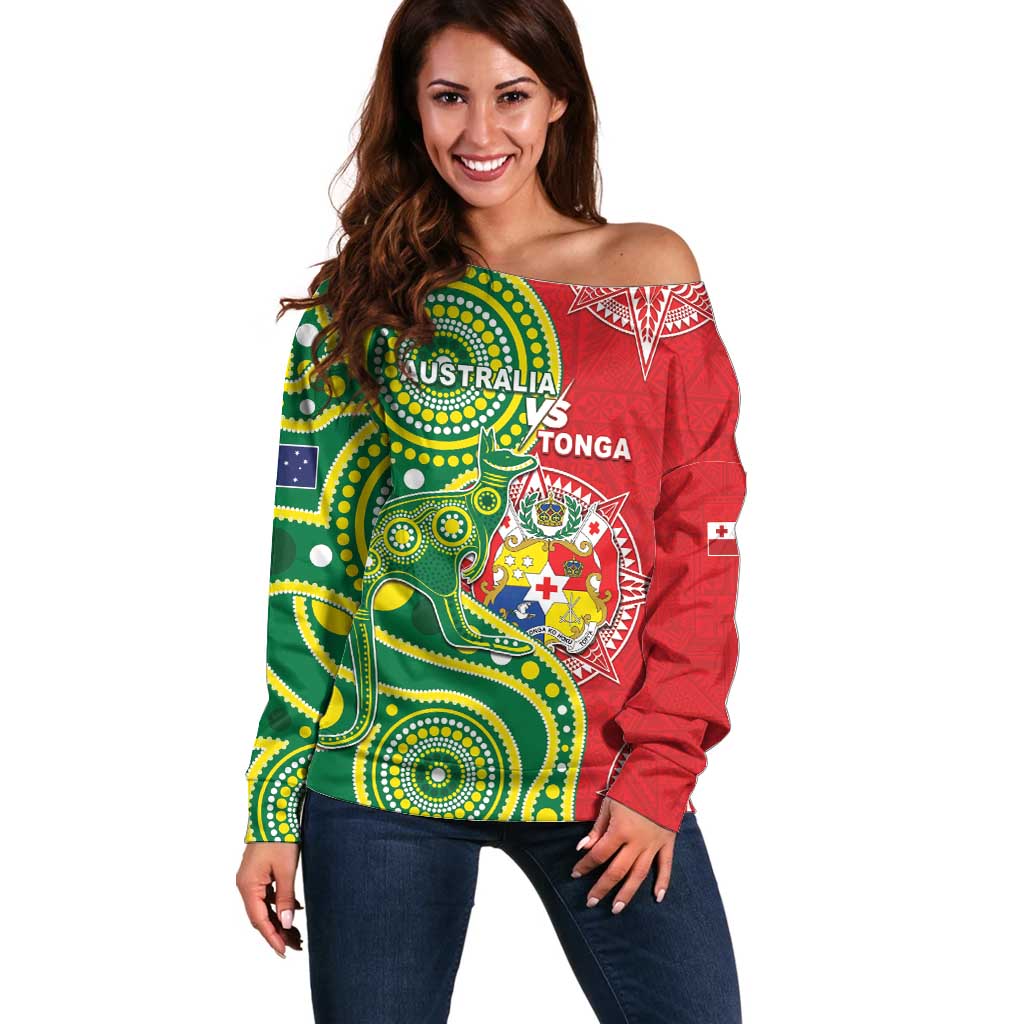 Custom Tonga Australia Rugby Off Shoulder Sweater Kangaroos And Tonga Mate Maa Together LT05 Women Green - Polynesian Pride