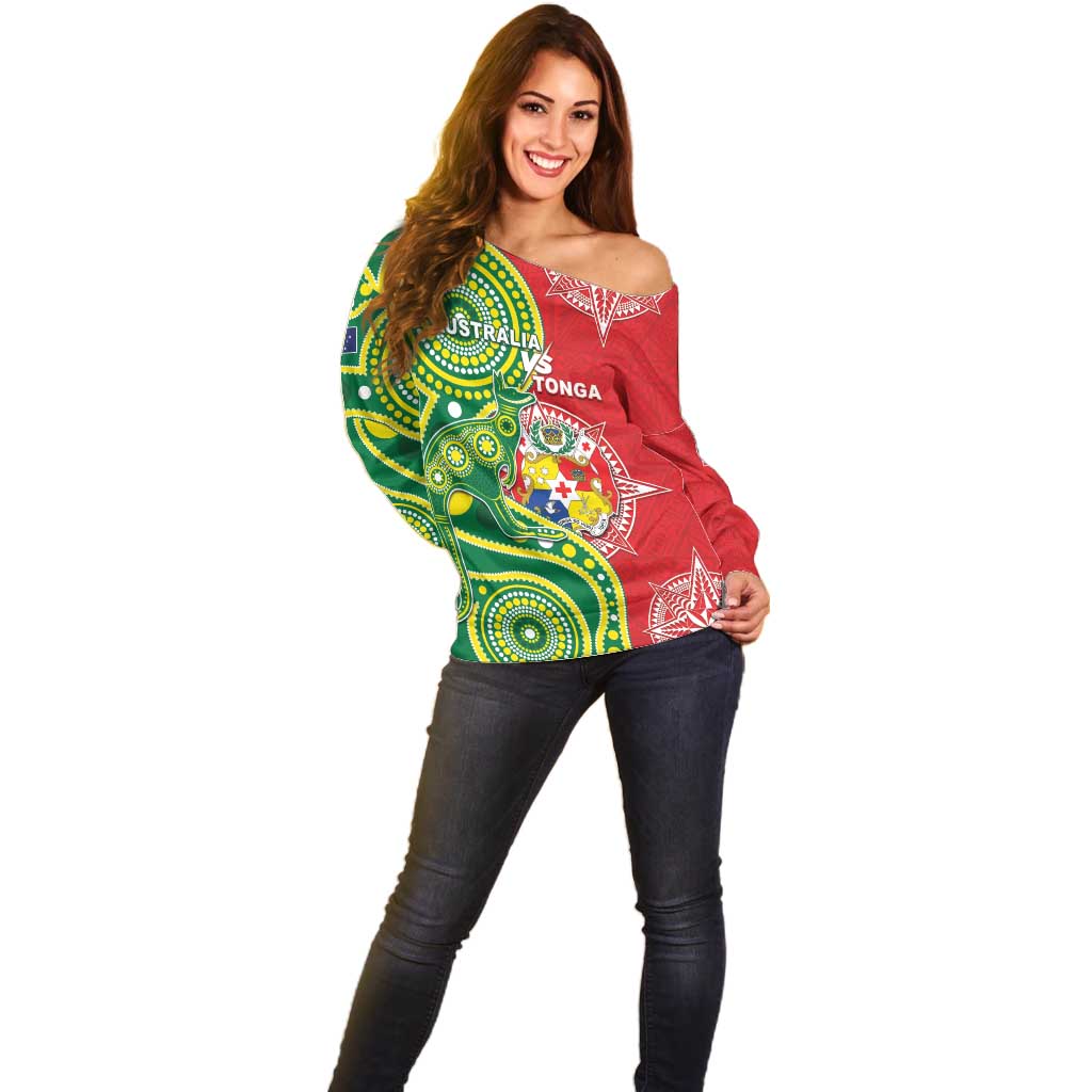 Custom Tonga Australia Rugby Off Shoulder Sweater Kangaroos And Tonga Mate Maa Together LT05 - Polynesian Pride