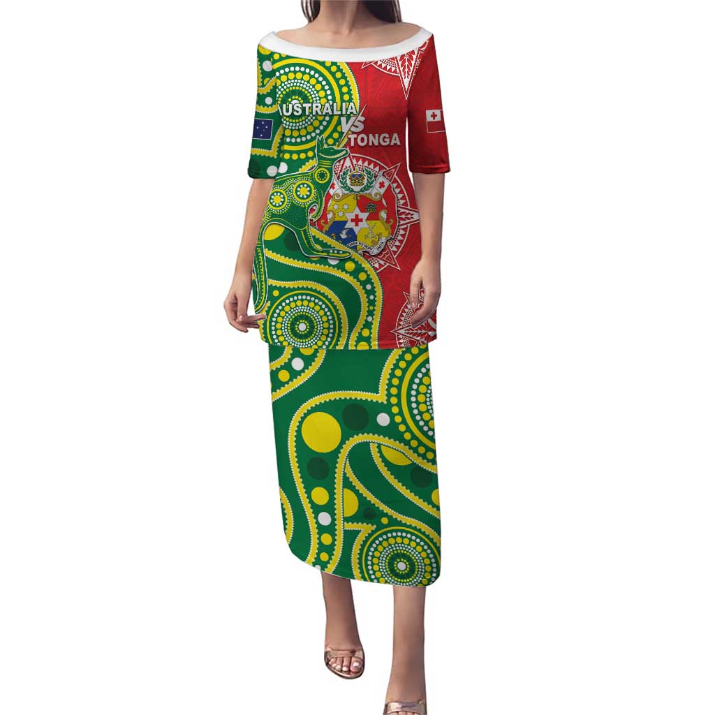 Custom Tonga Australia Rugby Puletasi Kangaroos And Tonga Mate Maa Together LT05 Long Dress Green - Polynesian Pride