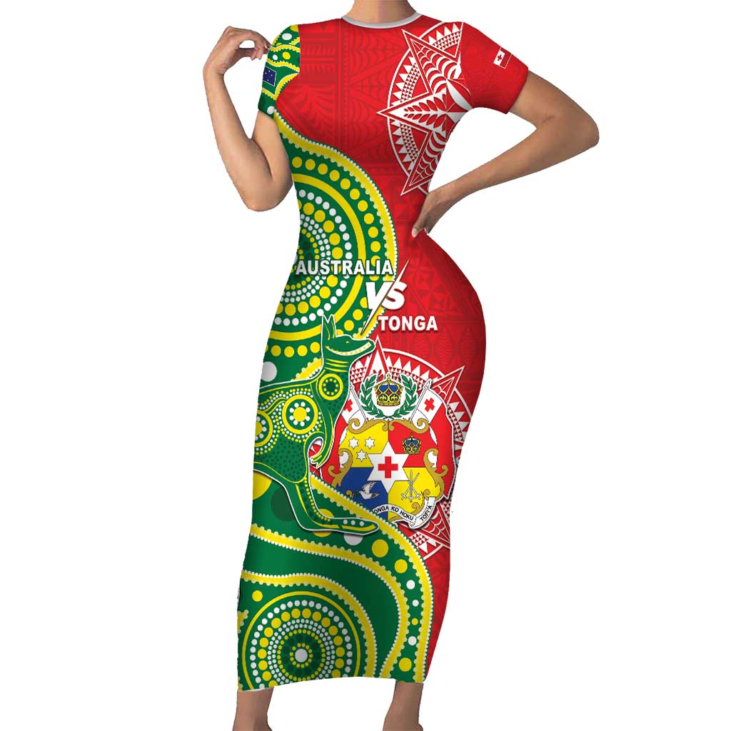 Custom Tonga Australia Rugby Short Sleeve Bodycon Dress Kangaroos And Tonga Mate Maa Together LT05 Long Dress Green - Polynesian Pride