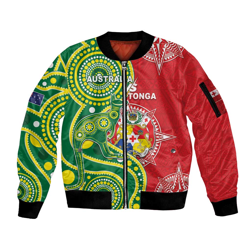 Custom Tonga Australia Rugby Sleeve Zip Bomber Jacket Kangaroos And Tonga Mate Maa Together LT05 Unisex Green - Polynesian Pride