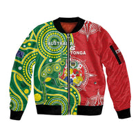 Custom Tonga Australia Rugby Sleeve Zip Bomber Jacket Kangaroos And Tonga Mate Maa Together LT05 Unisex Green - Polynesian Pride