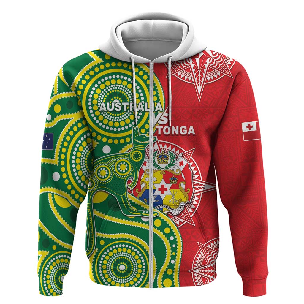 Custom Tonga Australia Rugby Zip Hoodie Kangaroos And Tonga Mate Maa Together LT05 Zip Hoodie Green - Polynesian Pride