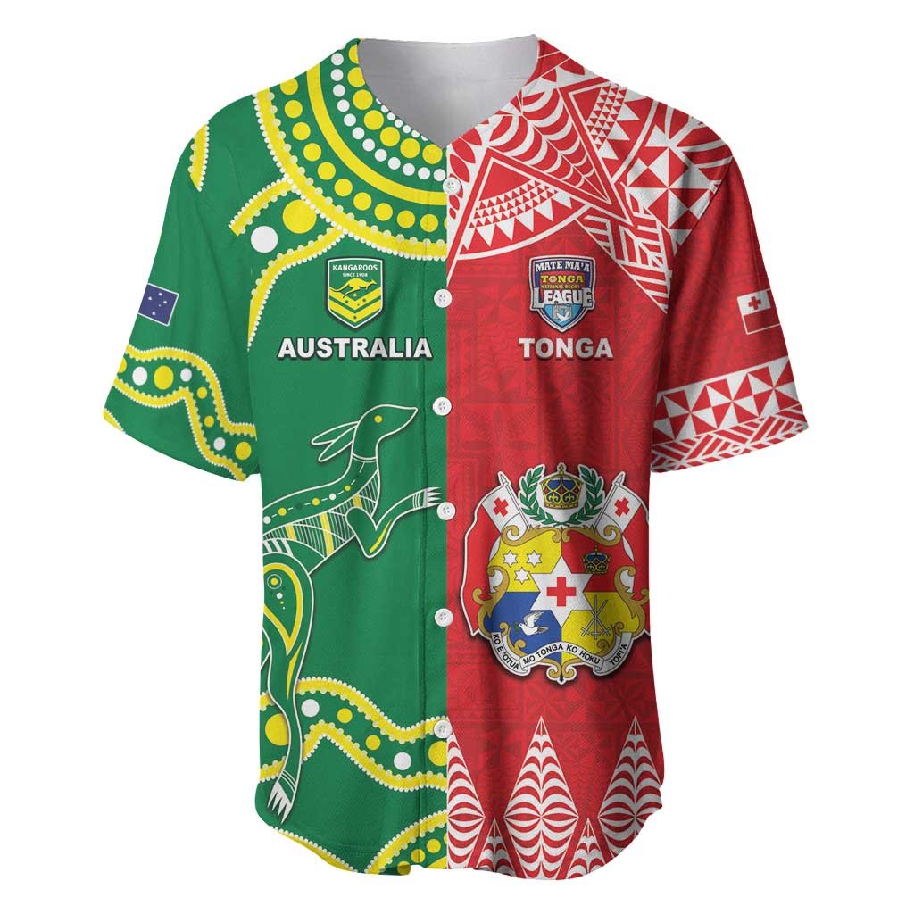 Custom Tonga XIII And Australia Kangaroos Baseball Jersey Mate Maa Tongan Ngatu With Aboriginal LT05 Red - Polynesian Pride