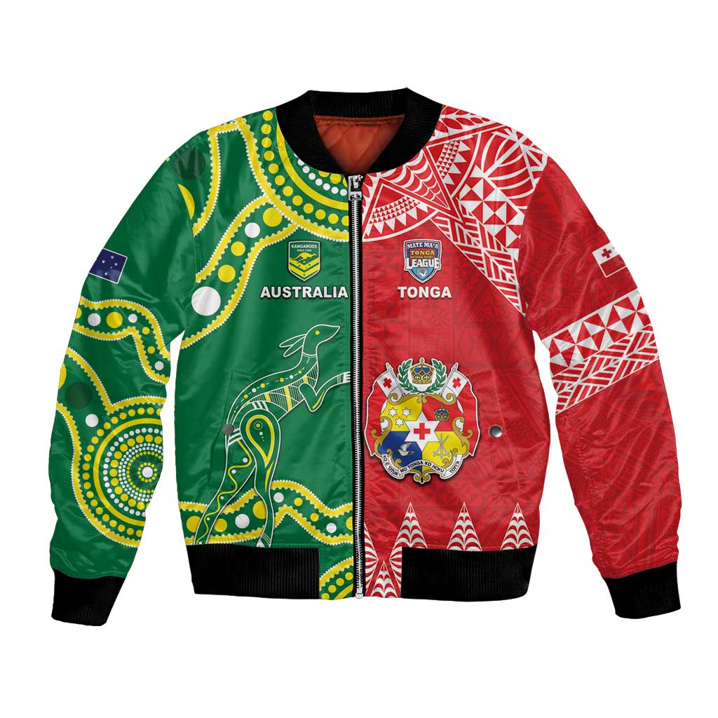 Custom Tonga XIII And Australia Kangaroos Bomber Jacket Mate Maa Tongan Ngatu With Aboriginal LT05 Unisex Red - Polynesian Pride