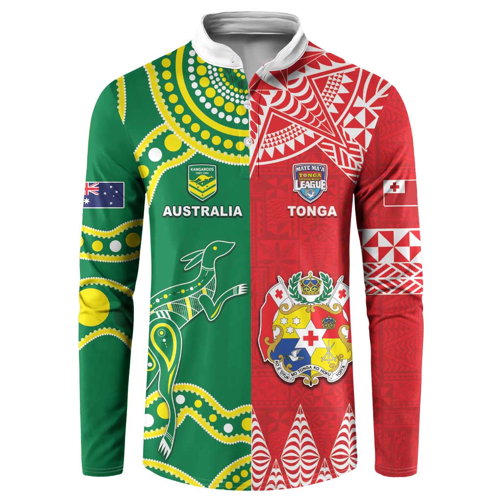 Custom Tonga XIII And Australia Kangaroos Button Sweatshirt Mate Maa Tongan Ngatu With Aboriginal LT05 Red - Polynesian Pride