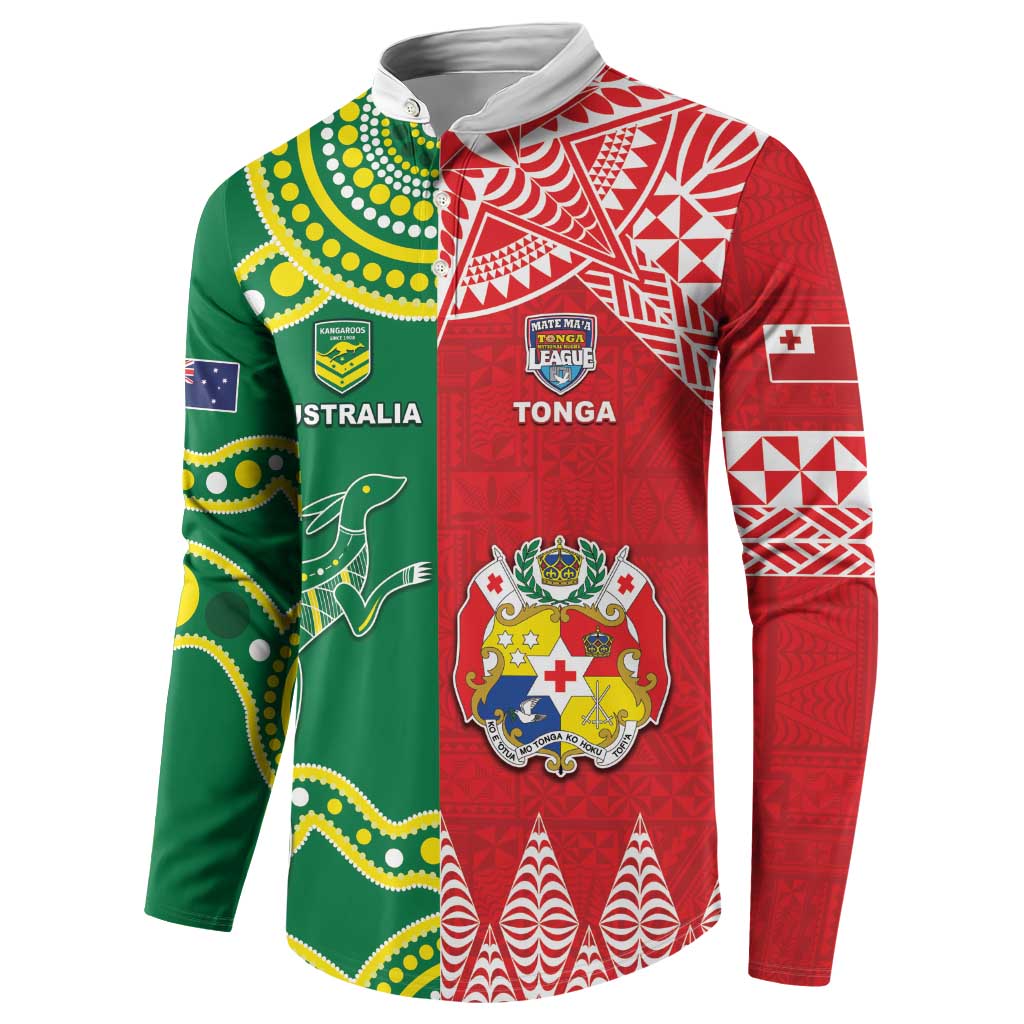 Custom Tonga XIII And Australia Kangaroos Button Sweatshirt Mate Maa Tongan Ngatu With Aboriginal LT05 - Polynesian Pride
