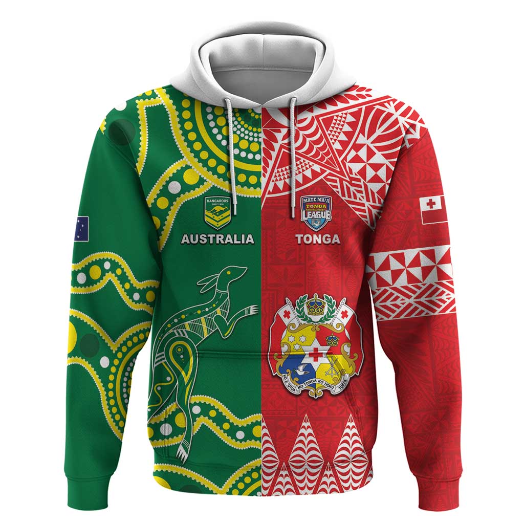 Custom Tonga XIII And Australia Kangaroos Hoodie Mate Maa Tongan Ngatu With Aboriginal LT05 Pullover Hoodie Red - Polynesian Pride