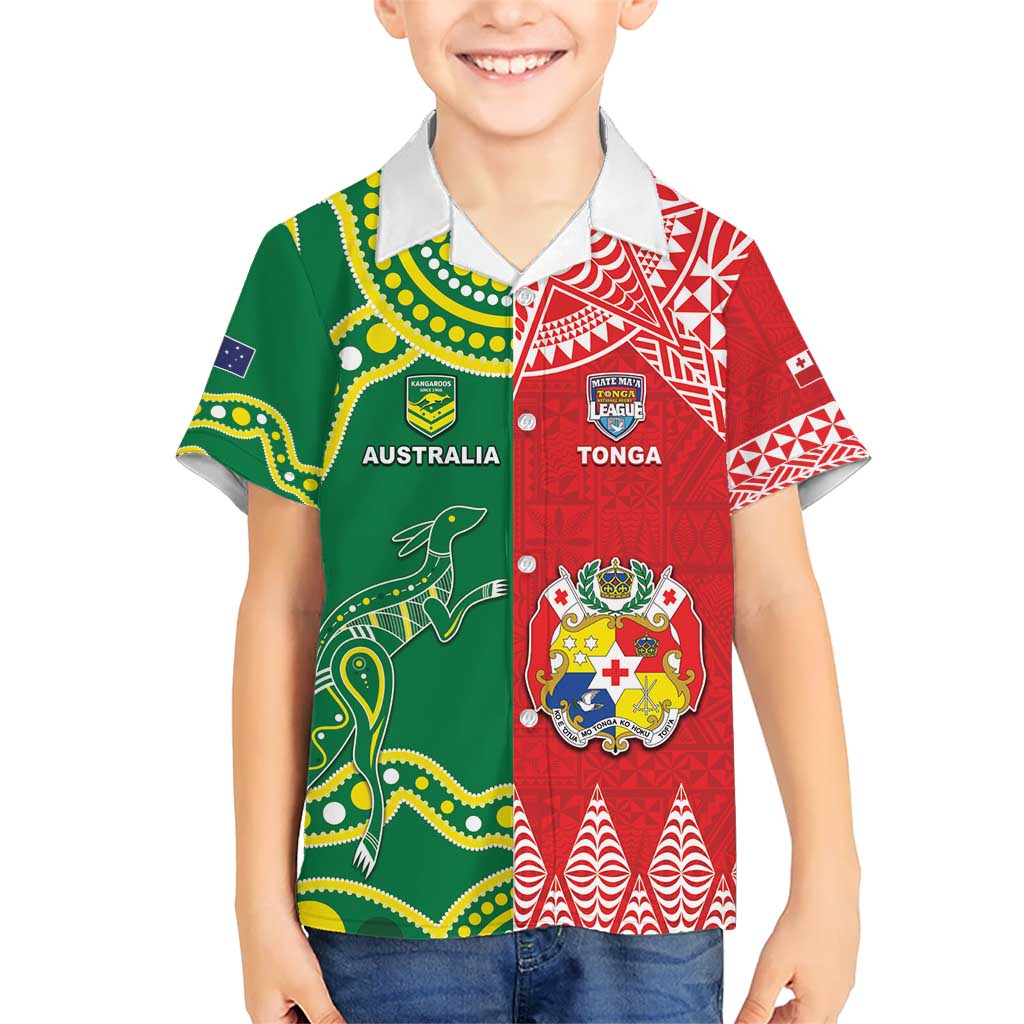 Custom Tonga XIII And Australia Kangaroos Kid Hawaiian Shirt Mate Maa Tongan Ngatu With Aboriginal LT05 Kid Red - Polynesian Pride