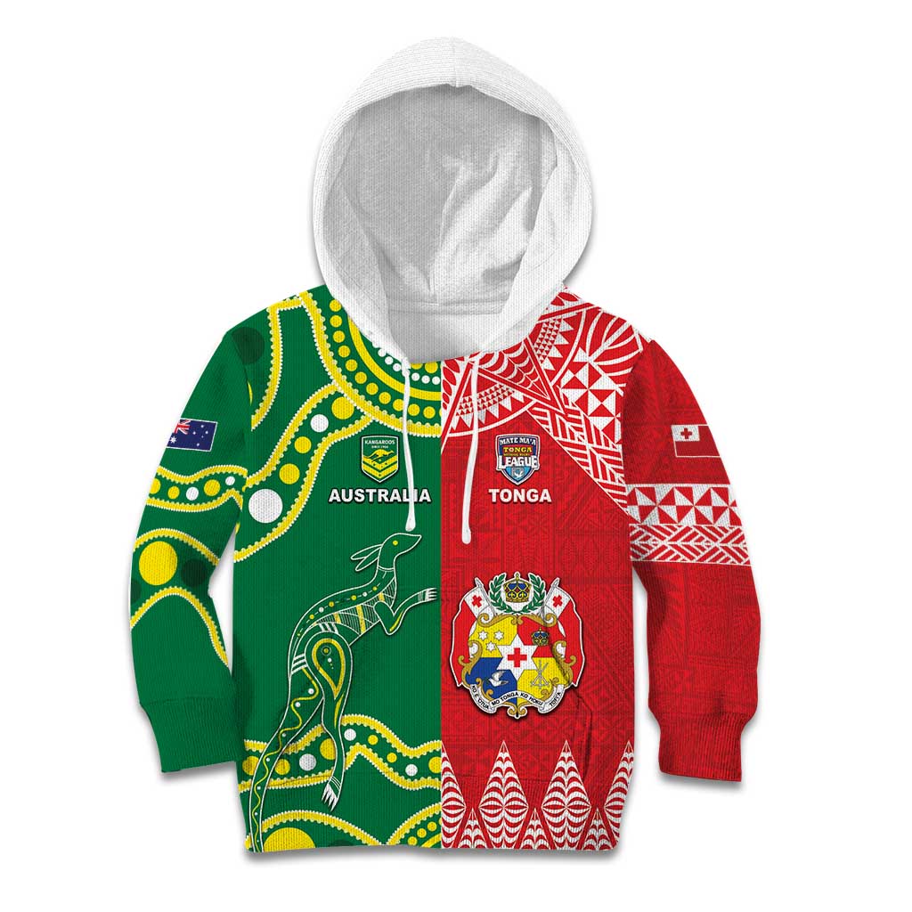 Custom Tonga XIII And Australia Kangaroos Kid Hoodie Mate Maa Tongan Ngatu With Aboriginal LT05 Hoodie Red - Polynesian Pride