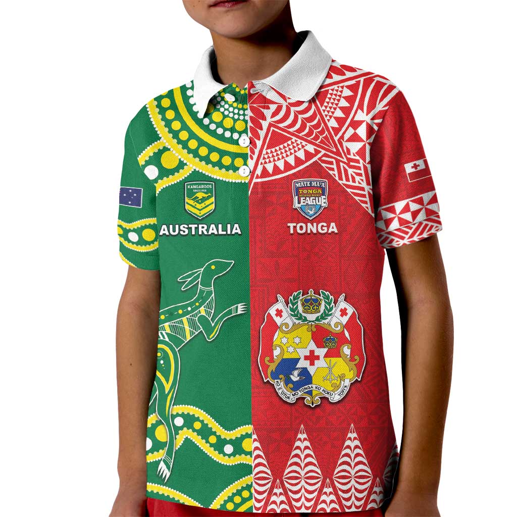Custom Tonga XIII And Australia Kangaroos Kid Polo Shirt Mate Maa Tongan Ngatu With Aboriginal LT05 Kid Red - Polynesian Pride