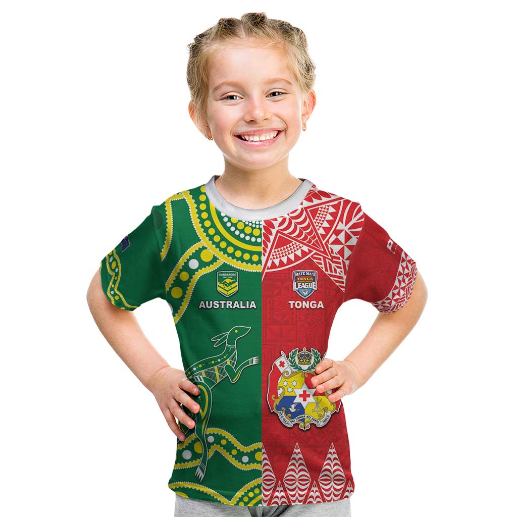Custom Tonga XIII And Australia Kangaroos Kid T Shirt Mate Maa Tongan Ngatu With Aboriginal LT05 Red - Polynesian Pride