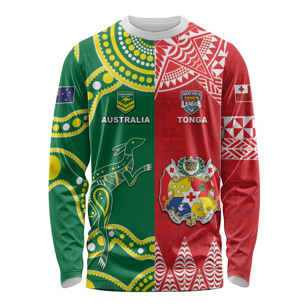 Custom Tonga XIII And Australia Kangaroos Long Sleeve Shirt Mate Maa Tongan Ngatu With Aboriginal LT05 Unisex Red - Polynesian Pride