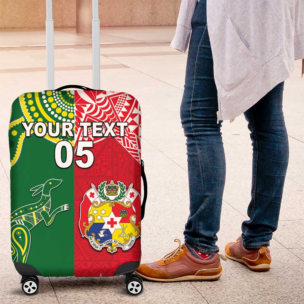 Custom Tonga XIII And Australia Kangaroos Luggage Cover Mate Maa Tongan Ngatu With Aboriginal LT05 Red - Polynesian Pride