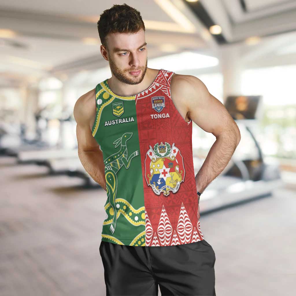 Custom Tonga XIII And Australia Kangaroos Men Tank Top Mate Maa Tongan Ngatu With Aboriginal LT05 Red - Polynesian Pride