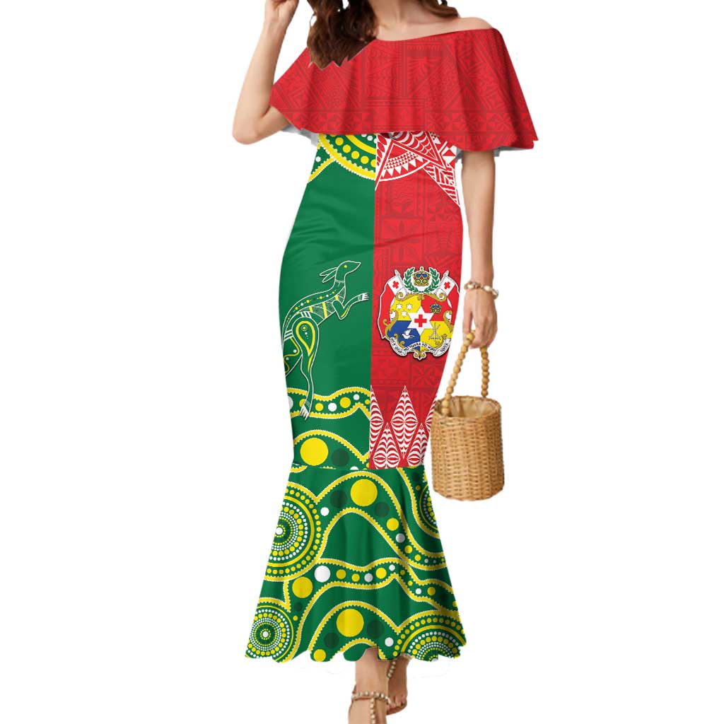 Custom Tonga XIII And Australia Kangaroos Mermaid Dress Mate Maa Tongan Ngatu With Aboriginal LT05 Women Red - Polynesian Pride