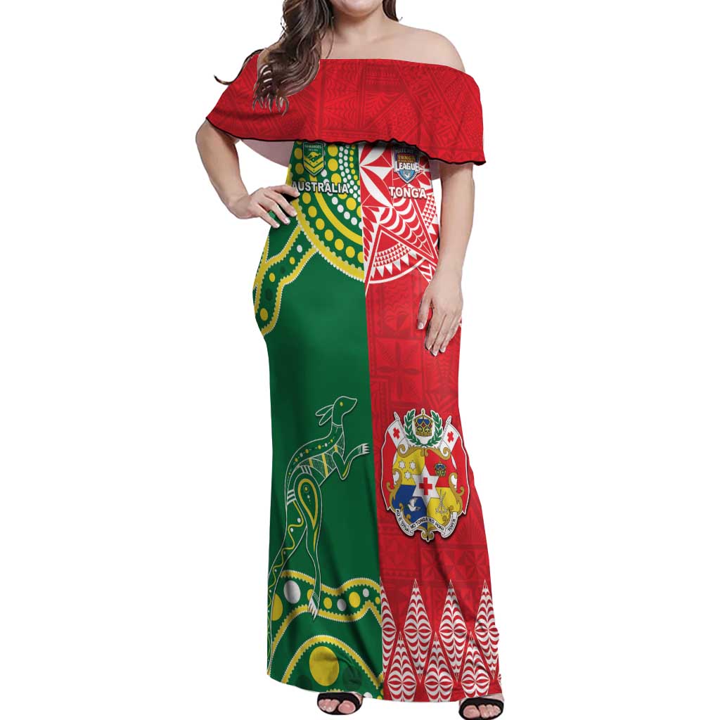 Custom Tonga XIII And Australia Kangaroos Off Shoulder Maxi Dress Mate Maa Tongan Ngatu With Aboriginal LT05 Women Red - Polynesian Pride
