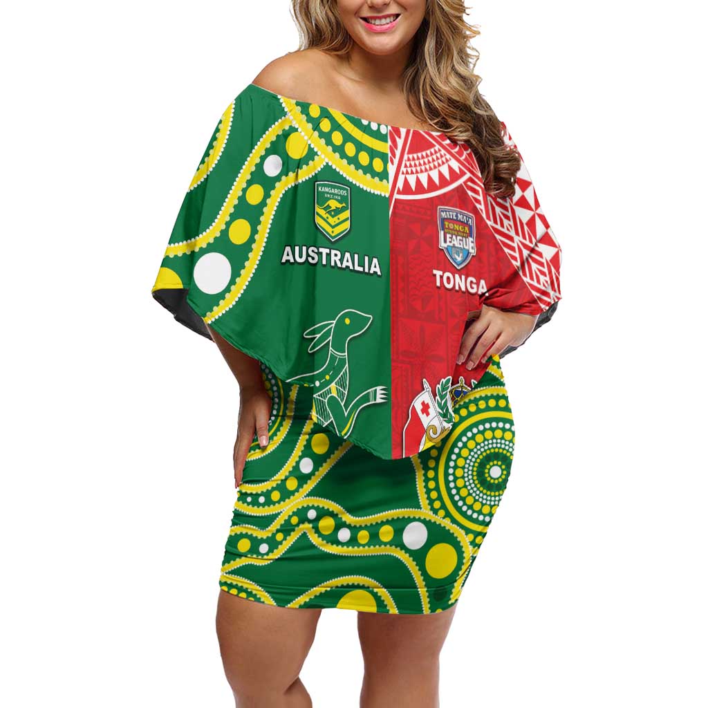 Custom Tonga XIII And Australia Kangaroos Off Shoulder Short Dress Mate Maa Tongan Ngatu With Aboriginal LT05 Women Red - Polynesian Pride