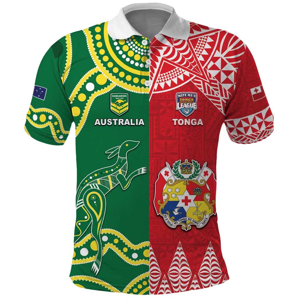 Custom Tonga XIII And Australia Kangaroos Polo Shirt Mate Maa Tongan Ngatu With Aboriginal LT05 Red - Polynesian Pride