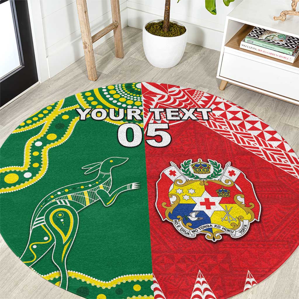 Custom Tonga XIII And Australia Kangaroos Round Carpet Mate Maa Tongan Ngatu With Aboriginal LT05 Red - Polynesian Pride