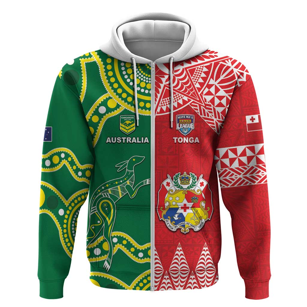 Custom Tonga XIII And Australia Kangaroos Zip Hoodie Mate Maa Tongan Ngatu With Aboriginal LT05 Zip Hoodie Red - Polynesian Pride
