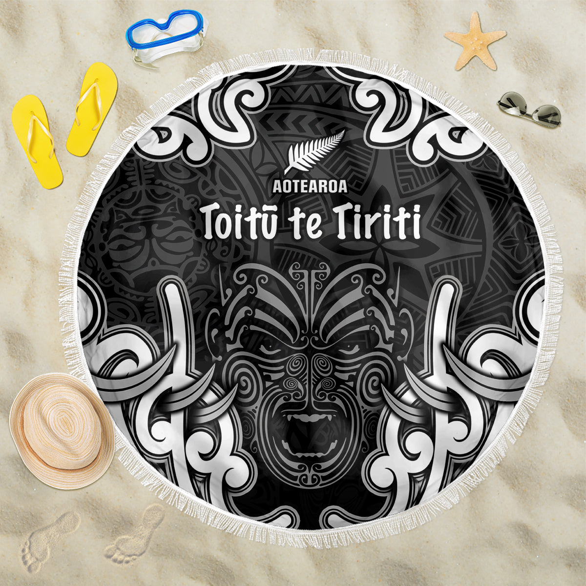 Aotearoa Beach Blanket Toitu Te Tiriti O Waitangi LT05 One Size 150cm Black - Polynesian Pride