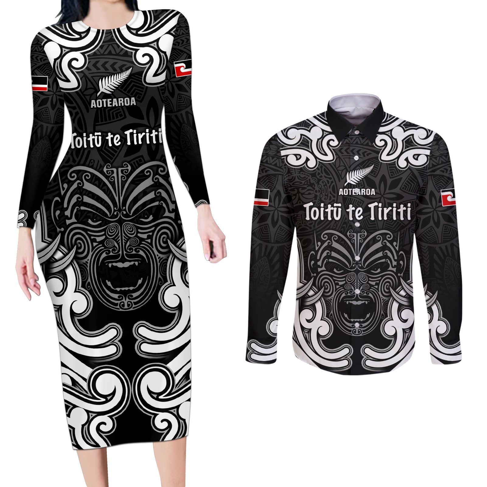 Personalised Aotearoa Couples Matching Long Sleeve Bodycon Dress and Long Sleeve Button Shirt Toitu Te Tiriti O Waitangi LT05 Black - Polynesian Pride