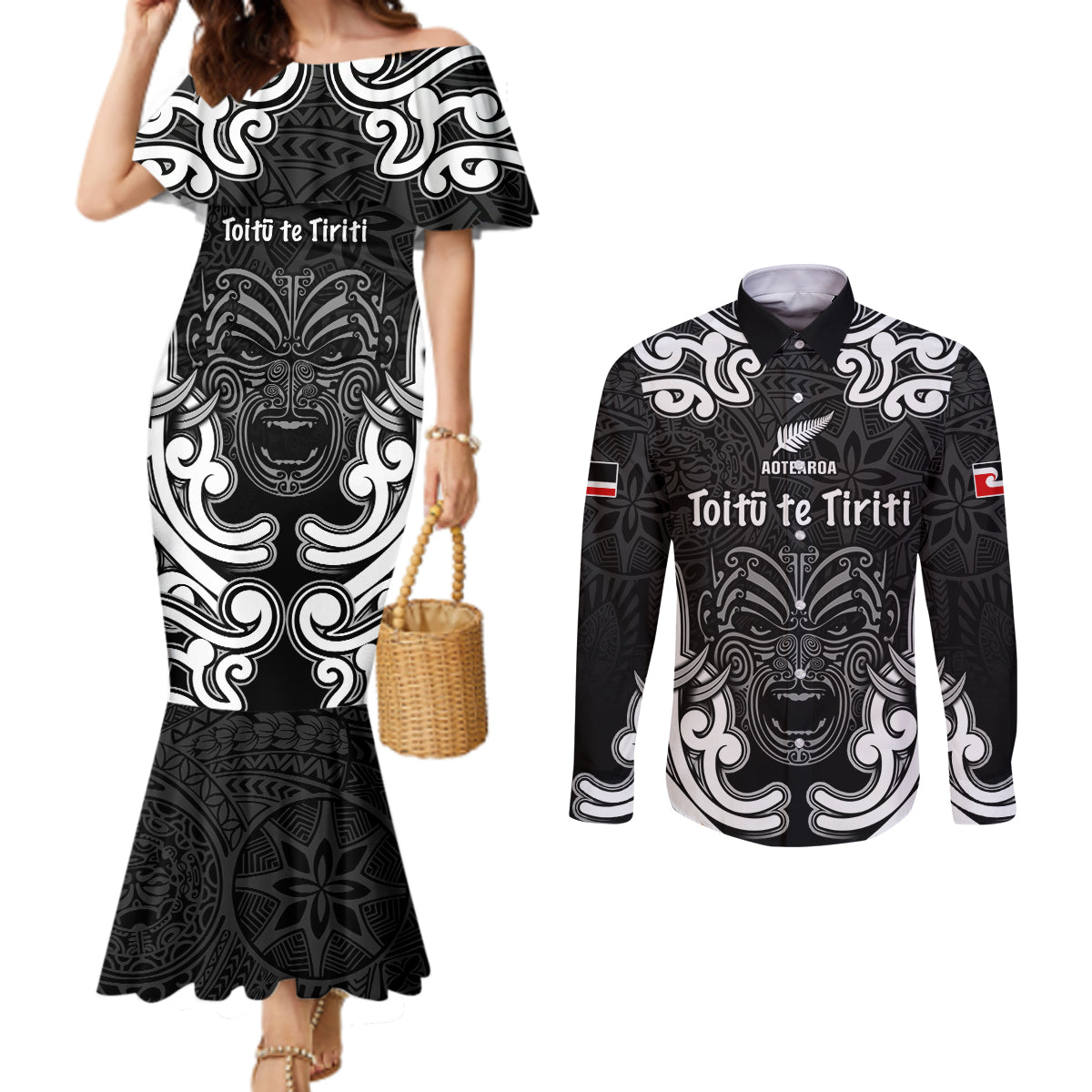 Personalised Aotearoa Couples Matching Mermaid Dress and Long Sleeve Button Shirt Toitu Te Tiriti O Waitangi LT05 Black - Polynesian Pride