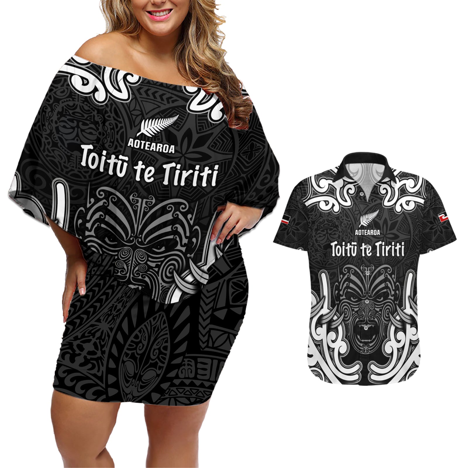 Personalised Aotearoa Couples Matching Off Shoulder Short Dress and Hawaiian Shirt Toitu Te Tiriti O Waitangi LT05 Black - Polynesian Pride