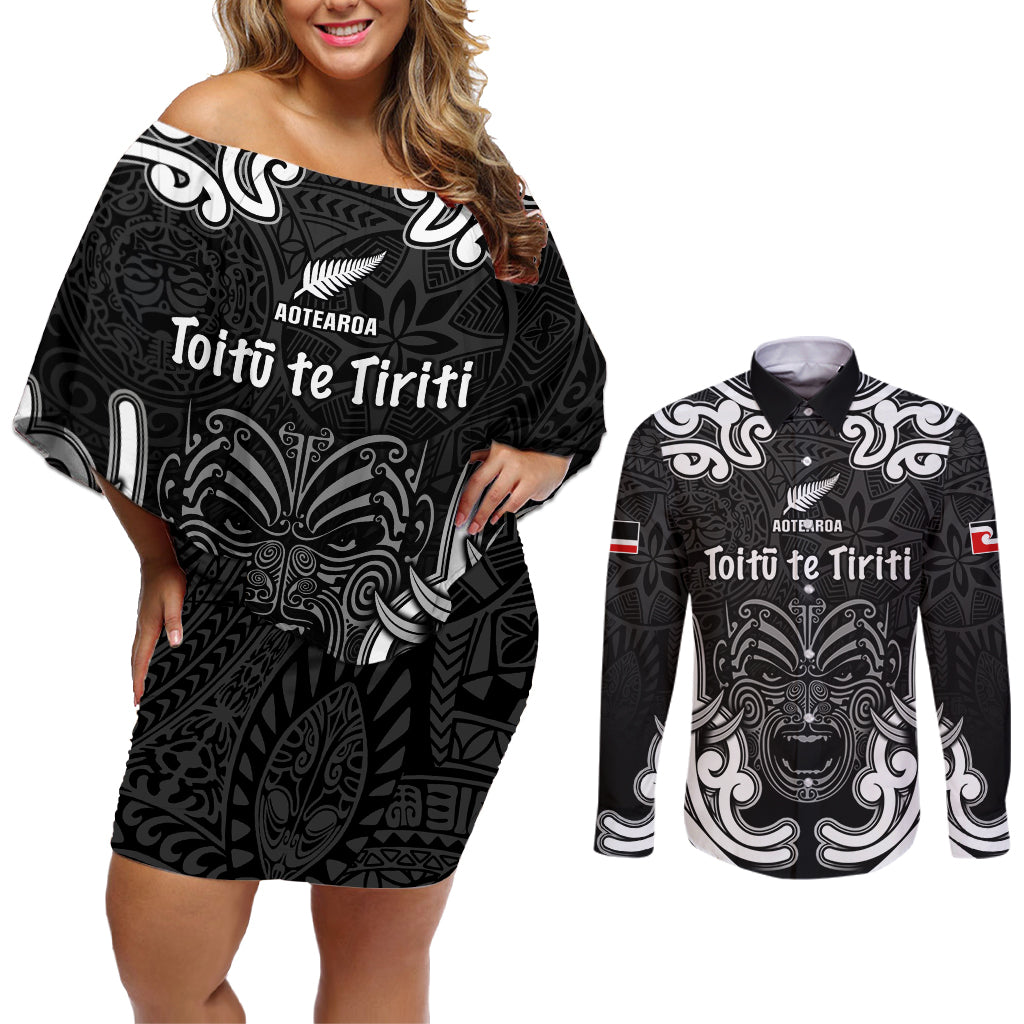 Personalised Aotearoa Couples Matching Off Shoulder Short Dress and Long Sleeve Button Shirt Toitu Te Tiriti O Waitangi LT05 Black - Polynesian Pride