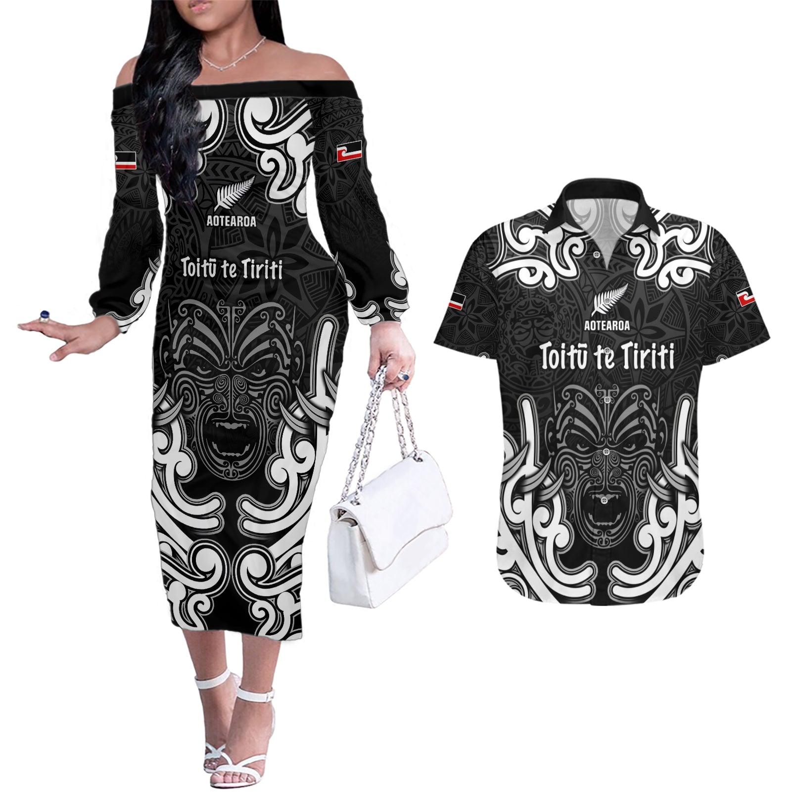 Personalised Aotearoa Couples Matching Off The Shoulder Long Sleeve Dress and Hawaiian Shirt Toitu Te Tiriti O Waitangi LT05 Black - Polynesian Pride