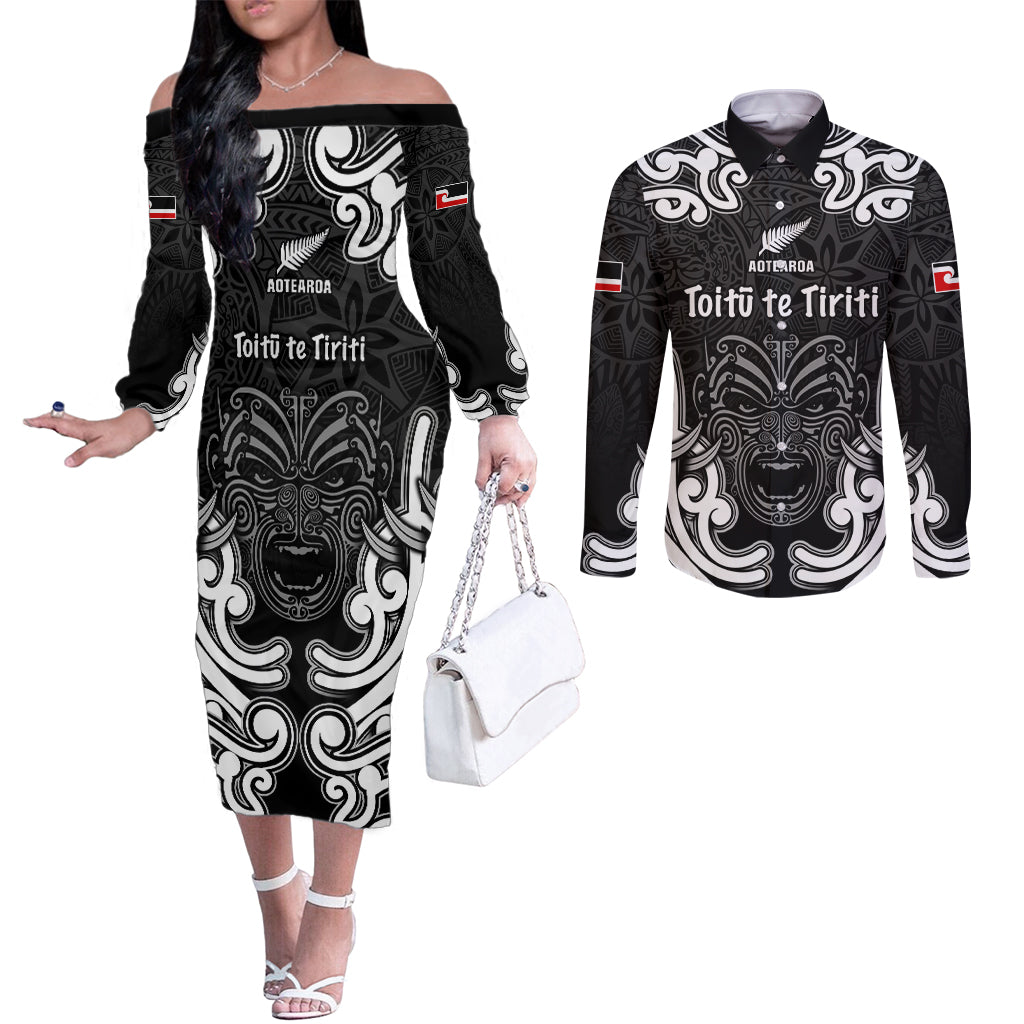 Personalised Aotearoa Couples Matching Off The Shoulder Long Sleeve Dress and Long Sleeve Button Shirt Toitu Te Tiriti O Waitangi LT05 Black - Polynesian Pride