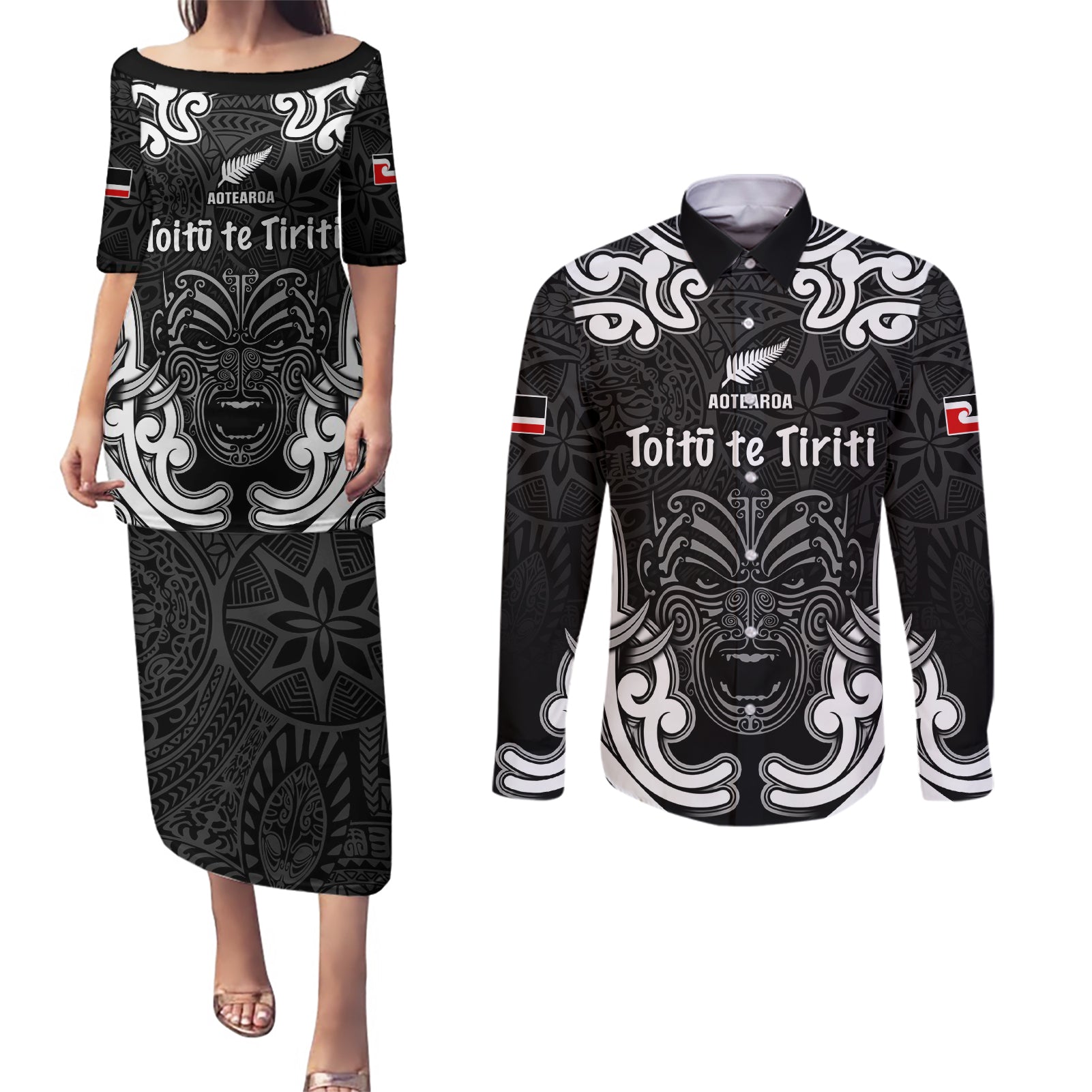 Personalised Aotearoa Couples Matching Puletasi Dress and Long Sleeve Button Shirt Toitu Te Tiriti O Waitangi LT05 Black - Polynesian Pride