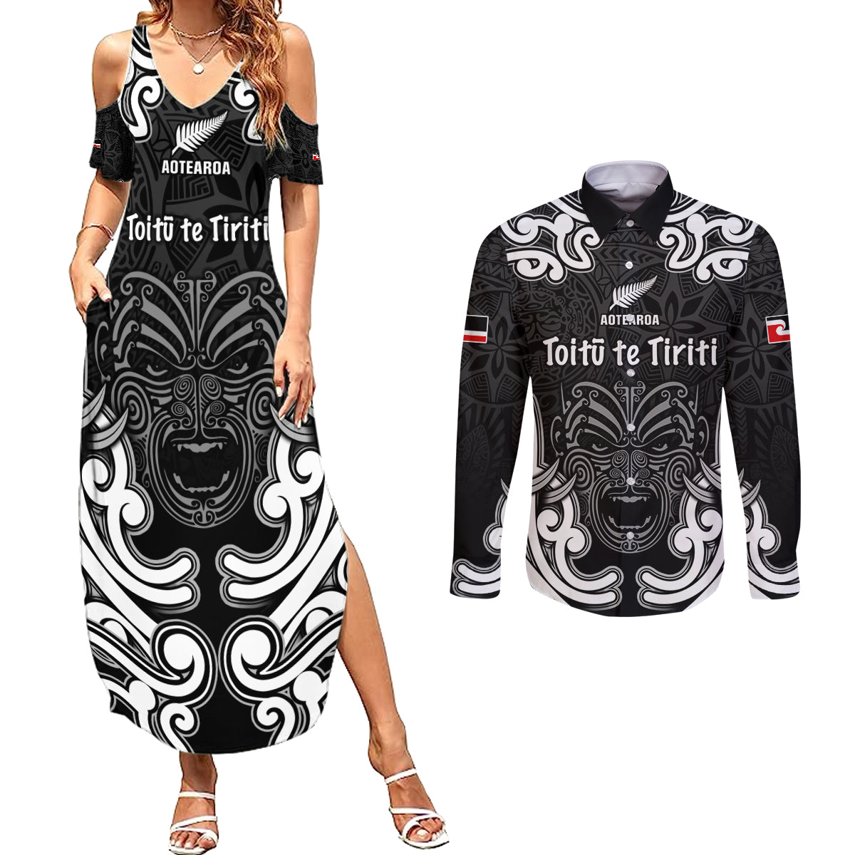 Personalised Aotearoa Couples Matching Summer Maxi Dress and Long Sleeve Button Shirt Toitu Te Tiriti O Waitangi LT05 Black - Polynesian Pride