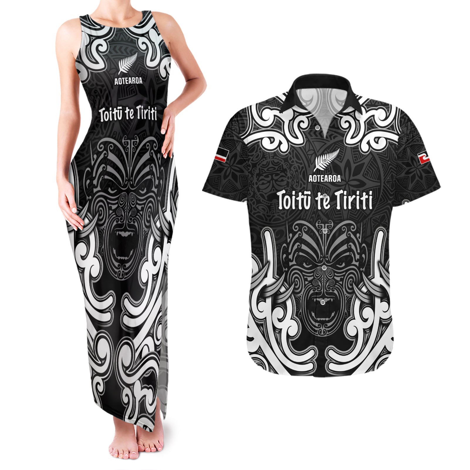 Personalised Aotearoa Couples Matching Tank Maxi Dress and Hawaiian Shirt Toitu Te Tiriti O Waitangi LT05 Black - Polynesian Pride