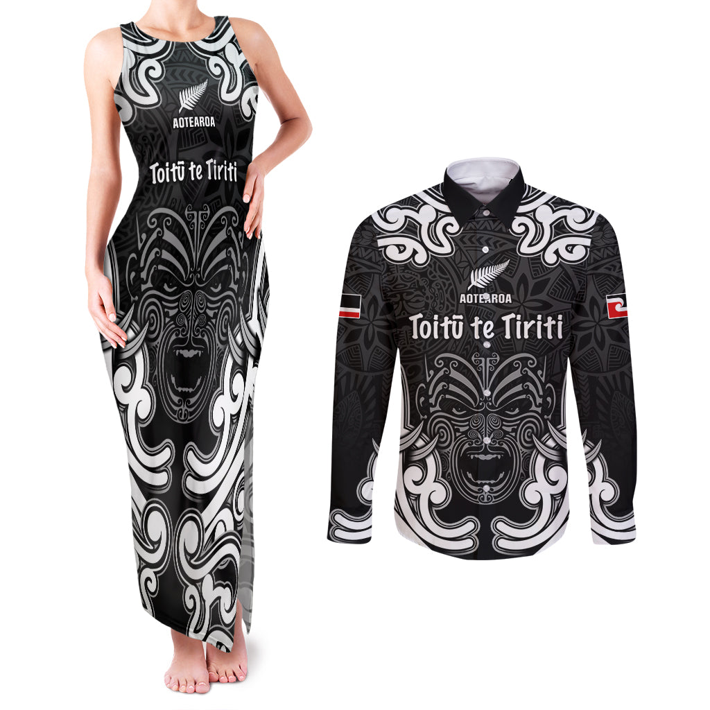 Personalised Aotearoa Couples Matching Tank Maxi Dress and Long Sleeve Button Shirt Toitu Te Tiriti O Waitangi LT05 Black - Polynesian Pride