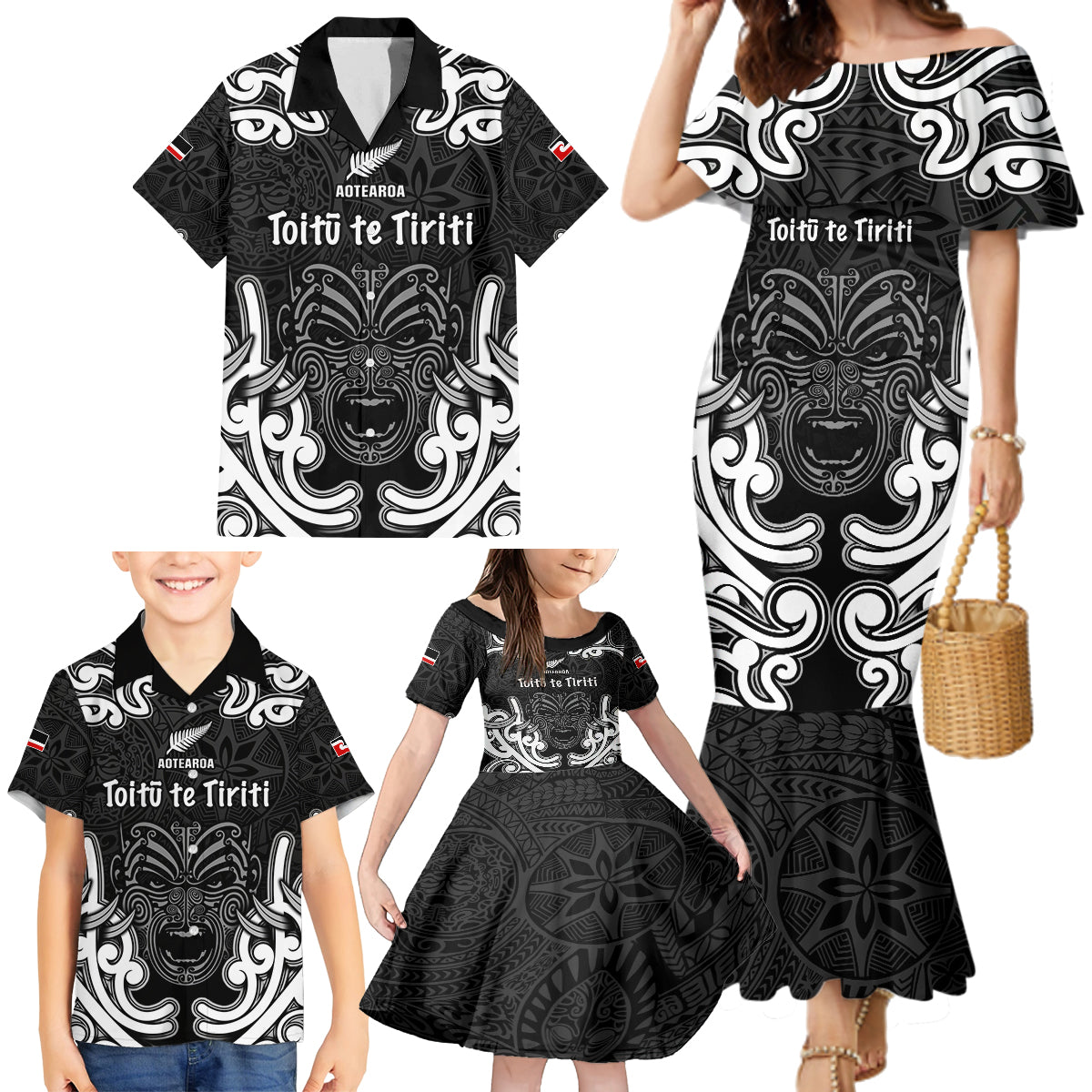 Personalised Aotearoa Family Matching Mermaid Dress and Hawaiian Shirt Toitu Te Tiriti O Waitangi LT05 - Polynesian Pride