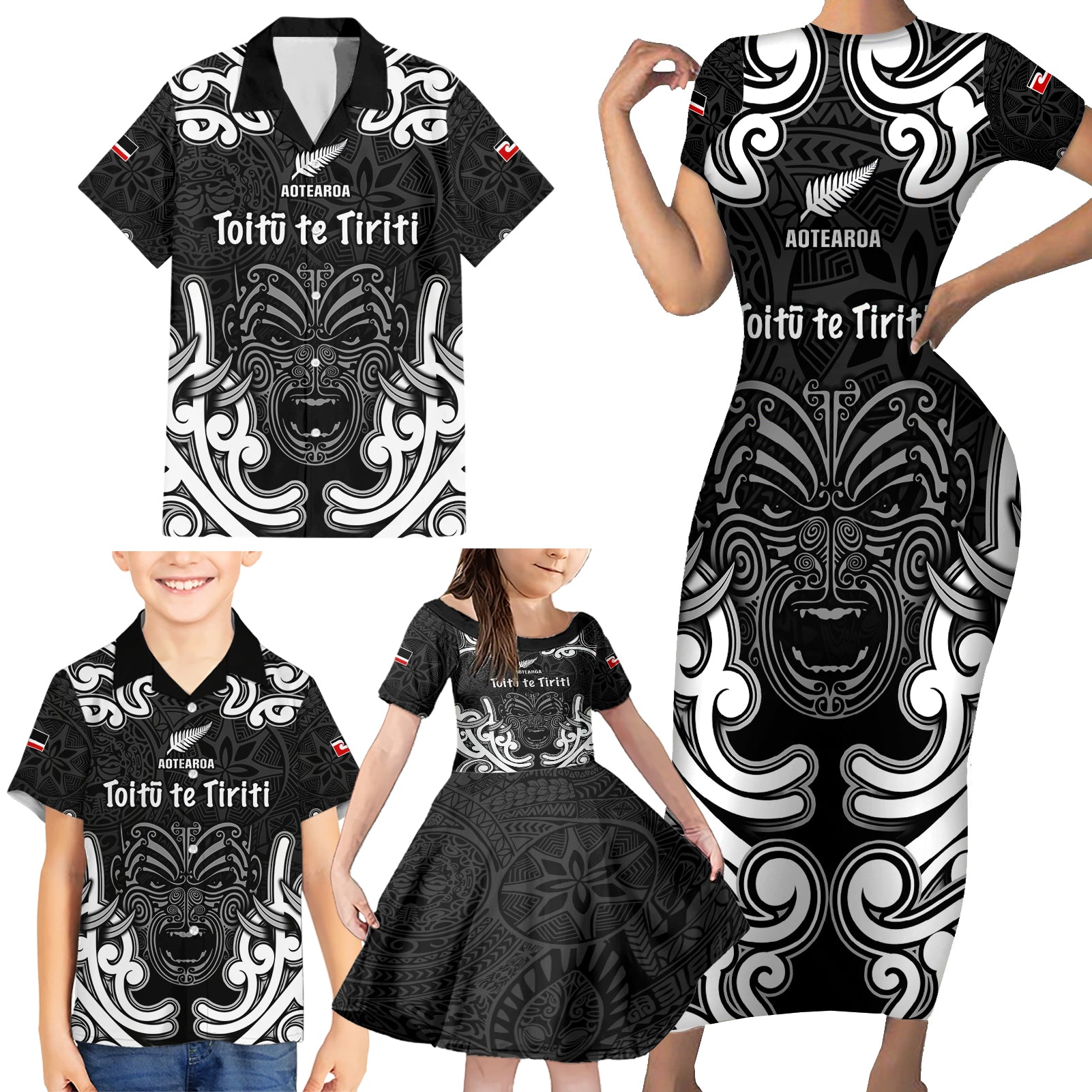 Personalised Aotearoa Family Matching Short Sleeve Bodycon Dress and Hawaiian Shirt Toitu Te Tiriti O Waitangi LT05 - Polynesian Pride