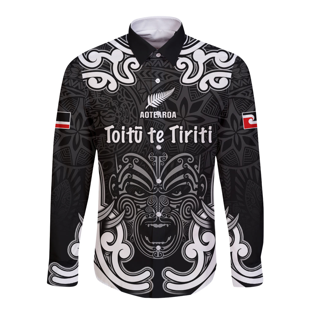 Personalised Aotearoa Long Sleeve Button Shirt Toitu Te Tiriti O Waitangi LT05 Unisex Black - Polynesian Pride