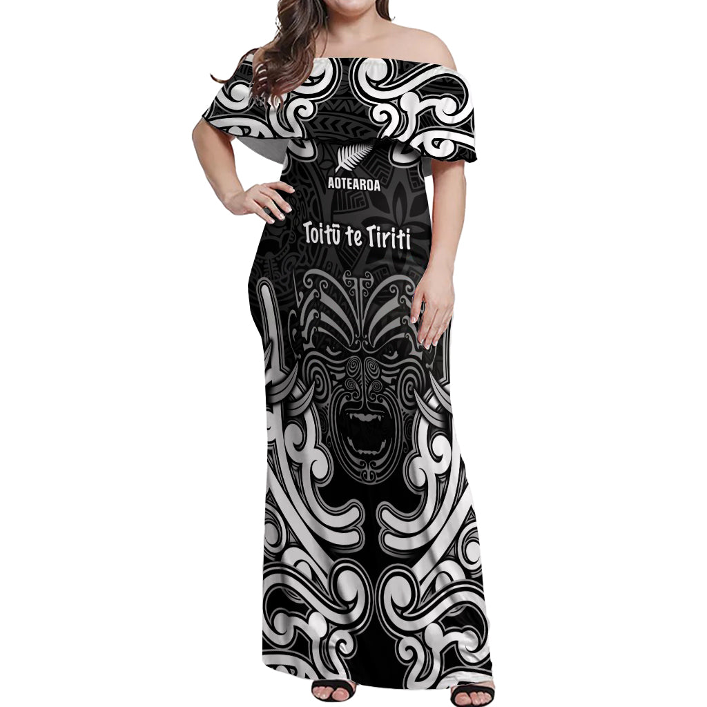 Personalised Aotearoa Off Shoulder Maxi Dress Toitu Te Tiriti O Waitangi LT05 Women Black - Polynesian Pride