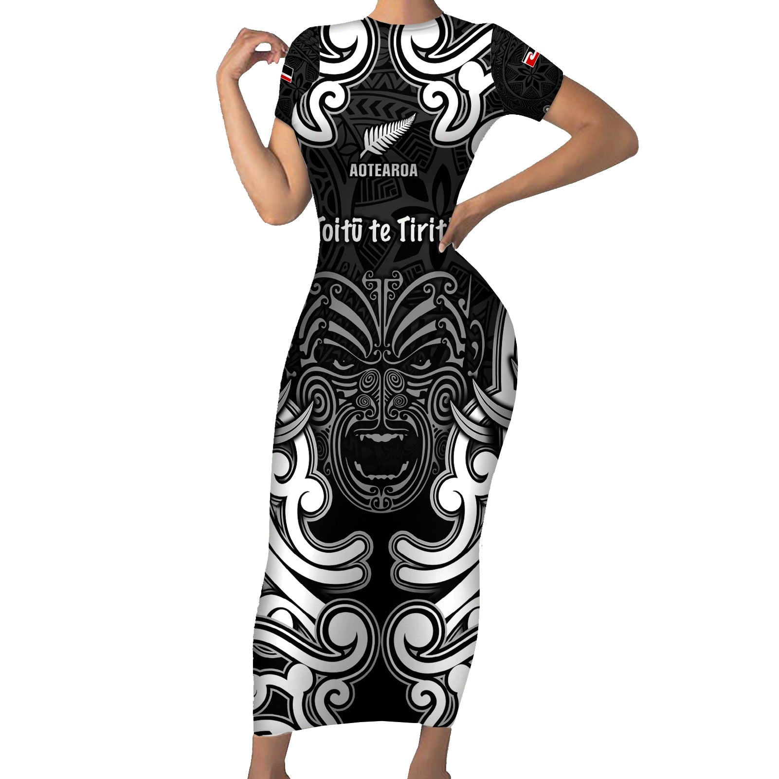 Personalised Aotearoa Short Sleeve Bodycon Dress Toitu Te Tiriti O Waitangi LT05 Long Dress Black - Polynesian Pride