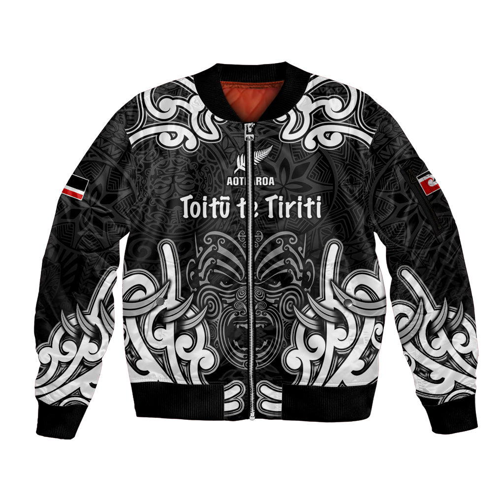 Personalised Aotearoa Sleeve Zip Bomber Jacket Toitu Te Tiriti O Waitangi LT05 Unisex Black - Polynesian Pride