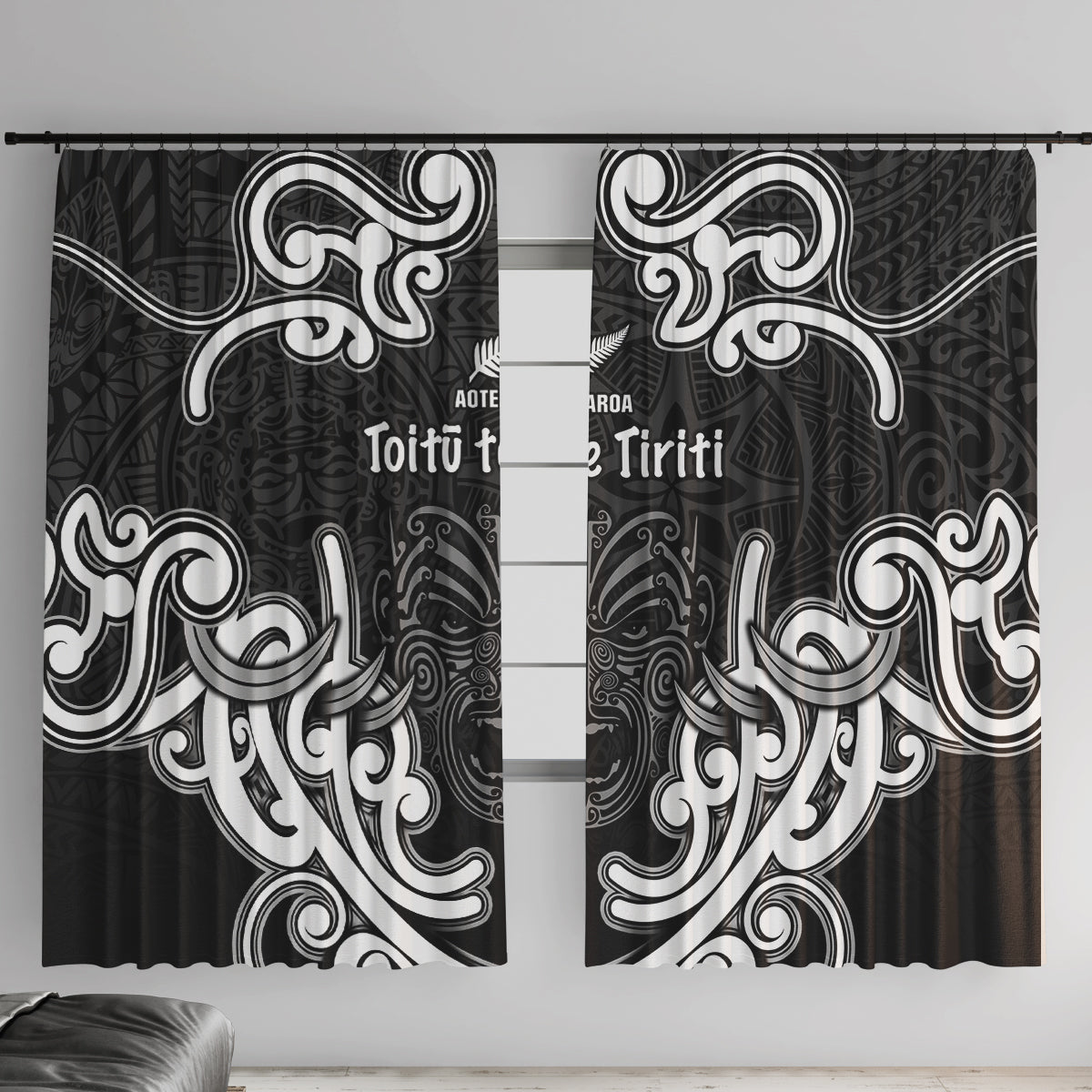 Aotearoa Window Curtain Toitu Te Tiriti O Waitangi LT05 With Hooks Black - Polynesian Pride